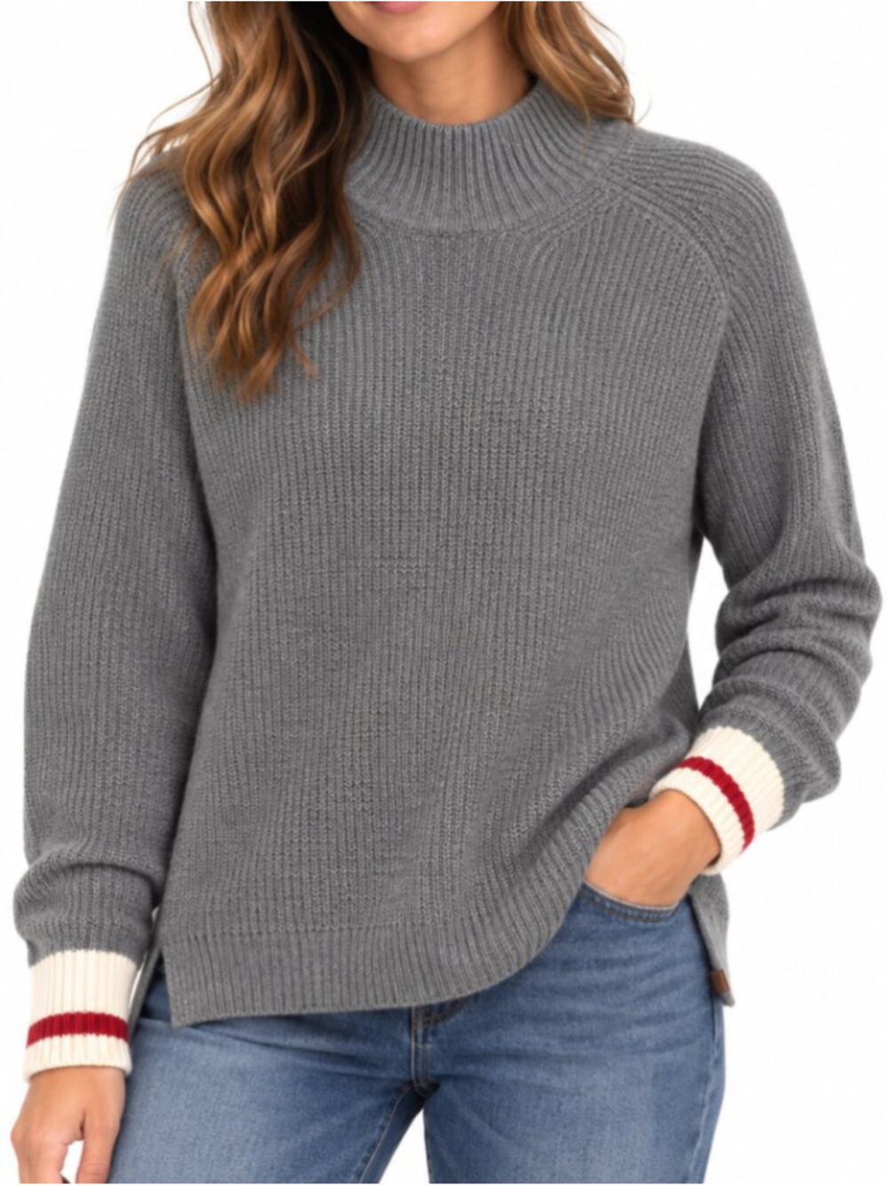 ROOTS Cabin Mock Neck Knit Sweater Grey XL Organic Cotton Striped Cuffs Cozy